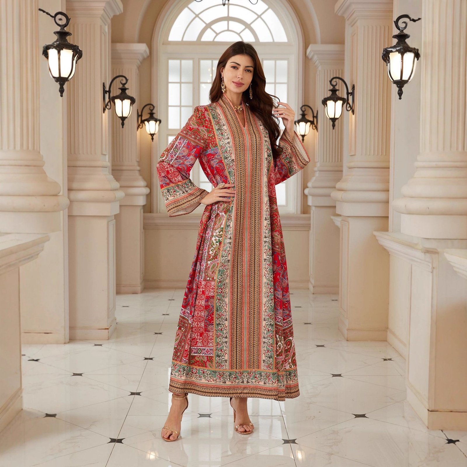 Dubai Abaya Muslim Womens Printed Pullover Dress - Image 2
