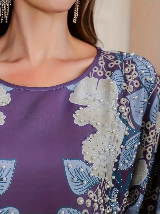 Elegant Floral Print Long Sleeve Abaya Dress - Image 4