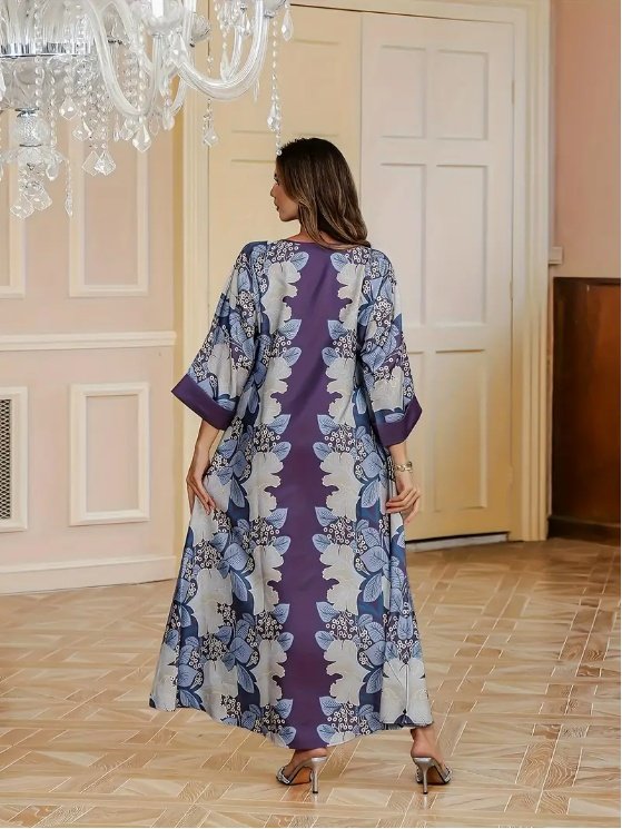 Elegant Floral Print Long Sleeve Abaya Dress - Image 3