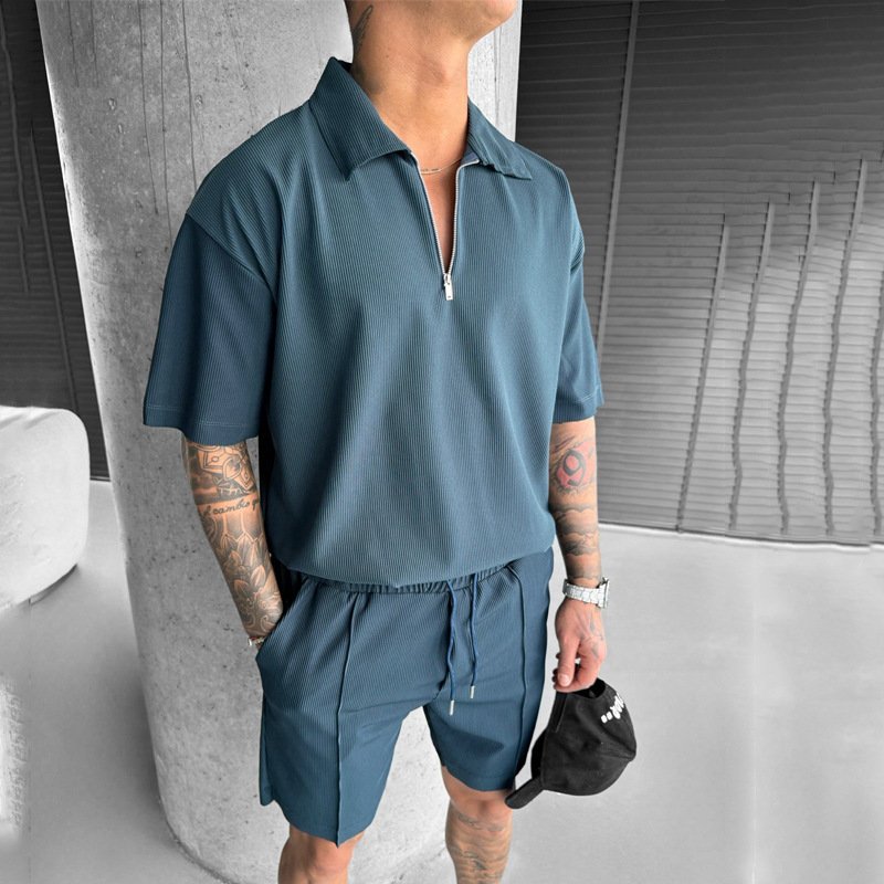 Polo Casual Short Sleeve Drawstring Shorts Men's Set - Image 3