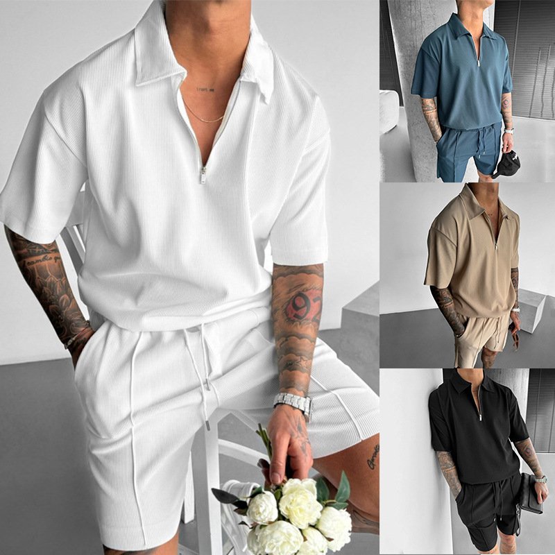 Polo Casual Short Sleeve Drawstring Shorts Men's Set